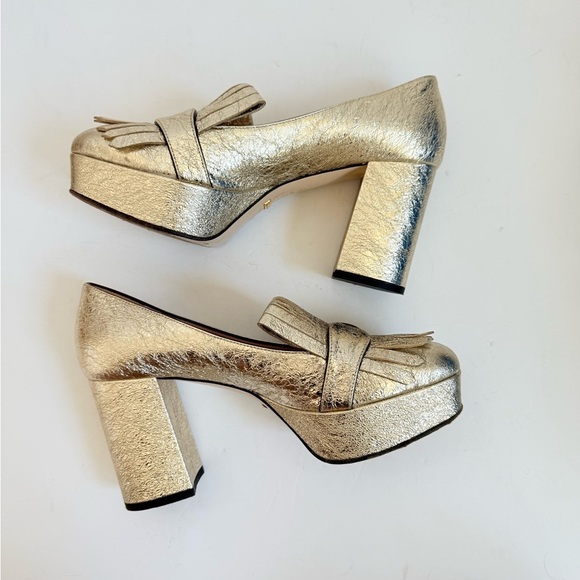 Gucci Metallic Gold Marmont GG Platform Platino Fringe Logo Block Heel pumps37.5 - Picture 5 of 11